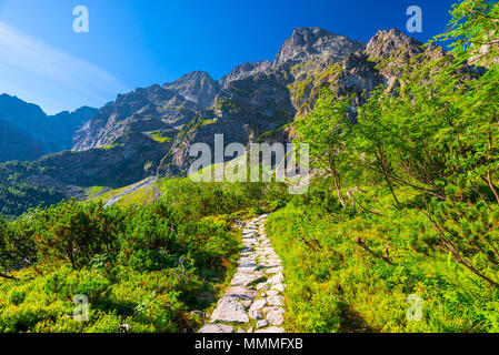 Wanderweg rund um den See Morskie Oko in den Bergen der Hohen Tatra Stockfoto