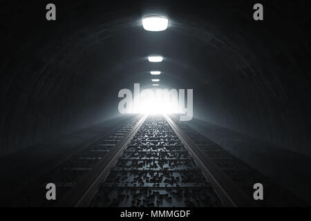 3D-Rendering von dunkler Bahnhof Tunnel mit dem Licht am Ende Stockfoto