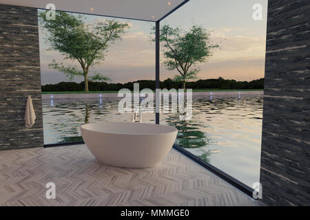 3D-Rendering von eleganten Badezimmer mit freistehender Badewanne vor der See in den Sonnenuntergang am Abend Stockfoto