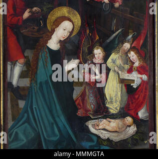 . Français: Elsass, Bas-Rhin, Église Saint-Georges de Haguenau (PA 00061901 00084724, IA). Altarbild "Jugement letzte" (Veit Wagner, 1496): Panneau peint' Nativité, Anges musiciens" (Martin DIEBOLD ou Martin HANS, 1496). Dieses Objekt ist classé Monument Historique in der Basis Palissy, Datenbank der Französische Möbel Erbe des französischen Ministeriums für Kultur, unter den Referenzen PM 67000542 und 67002088. Brezhoneg | Deutsch | English | Español | English | Deutsch | Français | Magyar | Italiano | Plattdüütsch | Português | +/-. 26. Juli 2013. © Ralph Hammann - Wikimedia Commons Haguenau StGeor Stockfoto