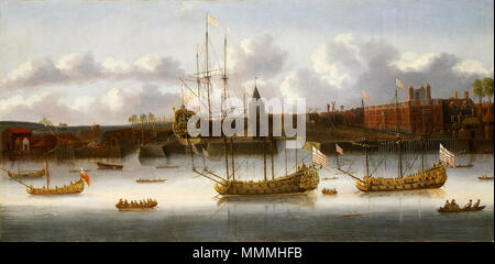 BHC 1873 East India Company Schiffe in Deptford. ca. 1660. Deptford Yard Stockfoto