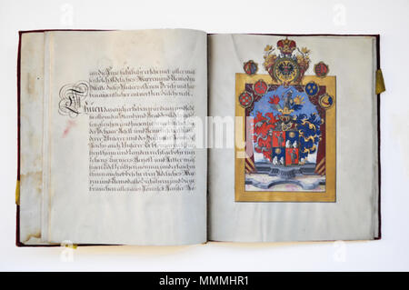 . English: Wappen aus dem Adelsdiplom von Karl VI. (Römisch-deutscher Kaiser 1711-1740) für Joseph Bernardin Manfroni der Rechten Arzt und bischöflich trientinischer Pfleger zu Tramin in Tirol, ausgestellt in Wien 1739, mit eigenhändiger Unterschrift des Kaisers. Pergamentlibell (Format 32 x 27 cm), Wappendarstellung in Gouache. Samteinband mit anhängendem kaiserlichem Wachssiegel. . 1739. Anonyme Adelsdiplom - Manfroni 1739 Stockfoto