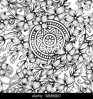 Florale nahtlose Muster in Schwarz und Weiß. Nach Malbuch Seite mit Blumen und Mandalas. Hand Vector Illustration gezeichnet. Doodles Hintergrund Stock Vektor