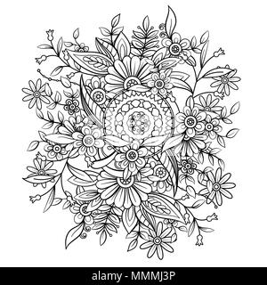 Florales Muster in Schwarz und Weiß. Nach Malbuch Seite mit Blumen und Mandalas. Kunsttherapie, Anti stress-Färbung. Hand Vector Illustration gezeichnet Stock Vektor