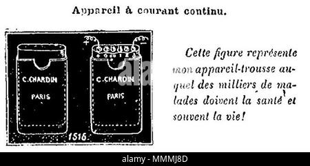 . Français: Gravure représentant Le branchement des électrodes sur l'appareil délivrant Le Courant. Englisch: Gravur der Anschluss von Elektroden, die auf dem Gerät die aktuelle. . 11 November 2013, 22:01:56. Charles Chardin. 53 Appareil - trousse de C. Chardin. Stockfoto