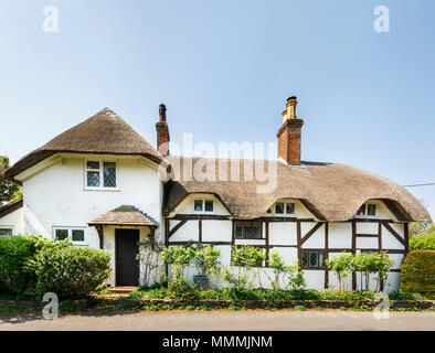 Attraktive weiße Fachwerkhaus, Reetdachhaus im lokalen Stil, East Stratton, einem malerischen kleinen Dorf in der Nähe von Winchester in Hampshire, Südengland Stockfoto