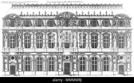 . Englisch: Gravur von Le Premier Volumen des plus excellents Bastiments de France von Jacques ich Androuet du Cerceau, mit der der Hof Fassade des Westflügels (Aile Lescot) des Louvre. 1576. Ich Jacques Androuet du Cerceau (1510-1585) Alternative Namen Jacques Androuet; Jacques Androuet du Cerceau l'Ancien; Jacques Androuet Du Cerceau; Jacques Androuet DuCerceau; Jacques Androuet Ducerceau Beschreibung des französischen Architekten, Kupferstecher und Verfasser der Vater von Baptiste Androuet du Cerceau Vater von Jacques II Androuet du Cerceau Datum der Geburt / Tod 1510 oder 1512 Januar Stockfoto