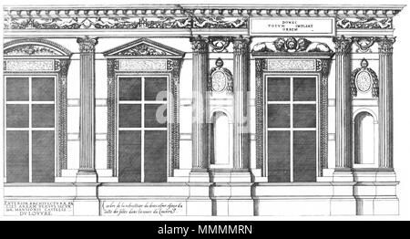 . Englisch: Gravur von Le Premier Volumen des plus excellents Bastiments de France von Jacques ich Androuet du Cerceau, zeigt die architektonische Ordnung auf der zweiten Geschichte des Gerichtshofes Fassade des Westflügels (Aile Lescot) des Louvre. 1576. Ich Jacques Androuet du Cerceau (1510-1585) Alternative Namen Jacques Androuet; Jacques Androuet du Cerceau l'Ancien; Jacques Androuet Du Cerceau; Jacques Androuet DuCerceau; Jacques Androuet Ducerceau Beschreibung des französischen Architekten, Kupferstecher und Verfasser der Vater von Baptiste Androuet du Cerceau Vater von Jacques Androuet du Cercea II. Stockfoto