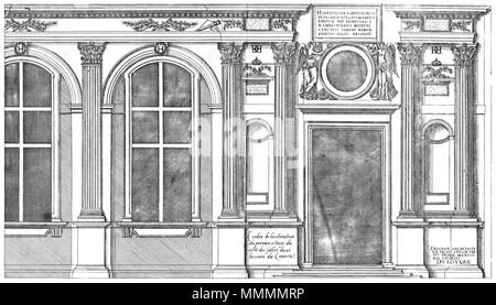 . Englisch: Gravur von Le Premier Volumen des plus excellents Bastiments de France von Jacques ich Androuet du Cerceau, zeigt die architektonische Ordnung auf die erste Geschichte des Gerichtshofes Fassade des Westflügels (Aile Lescot) des Louvre. 1576. Ich Jacques Androuet du Cerceau (1510-1585) Alternative Namen Jacques Androuet; Jacques Androuet du Cerceau l'Ancien; Jacques Androuet Du Cerceau; Jacques Androuet DuCerceau; Jacques Androuet Ducerceau Beschreibung des französischen Architekten, Kupferstecher und Verfasser der Vater von Baptiste Androuet du Cerceau Vater von Jacques Androuet du Cercea II. Stockfoto