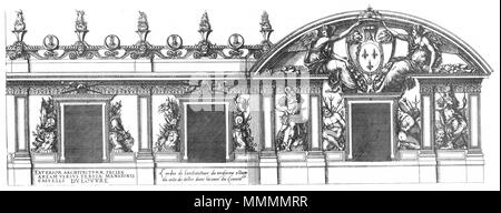 . Englisch: Gravur von Le Premier Volumen des plus excellents Bastiments de France von Jacques ich Androuet du Cerceau, zeigt die architektonische Ordnung auf die dritte Geschichte des Gerichtshofes Fassade des Westflügels (Aile Lescot) des Louvre. 1576. Ich Jacques Androuet du Cerceau (1510-1585) Alternative Namen Jacques Androuet; Jacques Androuet du Cerceau l'Ancien; Jacques Androuet Du Cerceau; Jacques Androuet DuCerceau; Jacques Androuet Ducerceau Beschreibung des französischen Architekten, Kupferstecher und Verfasser der Vater von Baptiste Androuet du Cerceau Vater von Jacques Androuet du Cercea II. Stockfoto