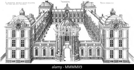 . Englisch: Gravur von Le Premier Volumen des plus excellents Bastiments de France von Jacques ich Androuet du Cerceau: Château de Verneuil-sur-Oise. Aus der Vogelperspektive der Eingang vorne, zweiten Design. 1576. Ich Jacques Androuet du Cerceau (1510-1585) Alternative Namen Jacques Androuet; Jacques Androuet du Cerceau l'Ancien; Jacques Androuet Du Cerceau; Jacques Androuet DuCerceau; Jacques Androuet Ducerceau Beschreibung des französischen Architekten, Kupferstecher und Verfasser der Vater von Baptiste Androuet du Cerceau Vater von Jacques II Androuet du Cerceau Datum der Geburt / Tod 1510 oder 1512 Janua Stockfoto