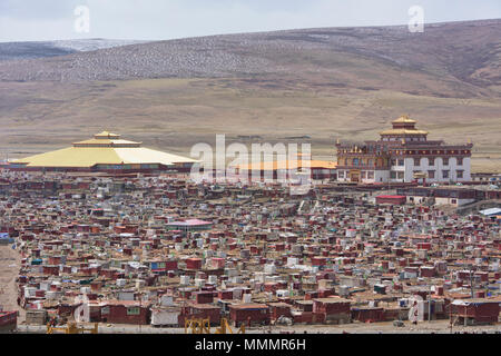 Nonnen Hütten auf das Kloster Insel Yarchen Gar, Sichuan, China Stockfoto