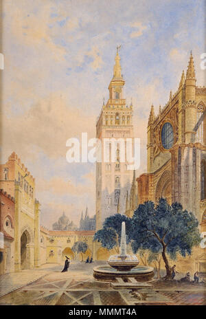 . Ansicht der Kathedrale von Sevilla. Aquarell. 53 x 37 cm. Undeutlich signiert. Datiert 1884. . 1884. 49 Ansicht einer Kathedrale 1884 Stockfoto