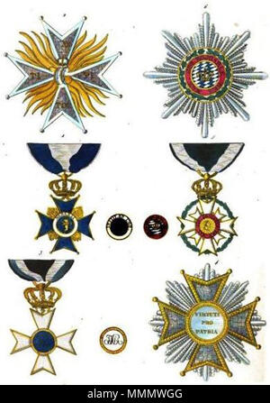 Français: Sammlung historique des ordres de chevalerie civils et militaires... Englisch: Sammlung historischer Ritterorden zivile und militärische...: 1. Reihenfolge der Löwe, Abzeichen (Bayern) 2. Reihenfolge der Löwe, Stern (Bayern) 3. Militärischer Orden von Max Joseph, Abzeichen (Bayern) 4. Militärischer Orden von Max Joseph, Stern (Bayern) 5. Reihenfolge der Krone, Abzeichen (Bayern) 6. Reihenfolge der Krone, Stern (Bayern). 1820. 56 Aristide Michel Perrot - Sammlung historique des ordres de chevalerie civils et militaires (1820) pl. XV. Stockfoto