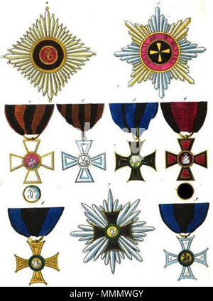 Français: Sammlung historique des ordres de chevalerie civils et militaires... Englisch: ritterorden: 1. Bestellung von St. George, Abzeichen (Russland) 2. Bestellung von St. George, Stern (Russland) 3. Kreuz von St. George (Russland) 4. Orden des Heiligen Wladimir, Abzeichen (Russland) 5. Orden des Heiligen Wladimir, Stern (Russland) 6. Reihenfolge der Virtuti Militari, Knight's Cross (Polen) 7. Reihenfolge der Virtuti Militari, Stern der Grand Cross (Polen) 8. Reihenfolge der Virtuti Militari, Golden Cross (Polen) 9. Reihenfolge der Virtuti Militari, Silber Kreuz (Polen). 1820. 56 Aristide Michel Perrot - Sammlung historique des ordres de Chevalerie Stockfoto