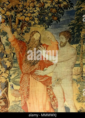 . Englisch: Gott verbietet, Adam vom Baum der Erkenntnis des Guten und Bösen zu essen. Detail des Paradieses Glückseligkeit, eine Arras (Tapisserie) in Brüssel gewebt nach Michiel Coxie Design. Teil des Königs Sigismund Augustus's Sammlung von Wawel arrases. Polski: Bóg z drzewa zakazujący Adamowi jeść znajomości złego dobrego ich. Fragment arrasu Szczęśliwość rajska utkanego w Brukseli według projektu Michiela Coxie. Należy do kolekcji wawelskiej arrasów Zygmunta Augusta. . Ca. 1550. Michiel Coxcie 57 Arras Paradies Bliss detail Stockfoto