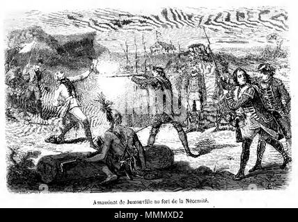 . Englisch: In diesem artist Version des Vorfalls bei Jumonville Glen, die Englische unter dem Kommando von George Washington als Ermordung die wehrlose Französische commander Jumonville in kaltem Blut dargestellt. Zeitgenössischen Darstellungen des Vorfalls sind widersprüchlich; es ist wahrscheinlicher, dass Jumonville war in der Tat von der indischen Führer tomahawked Tanaghrisson während Washington ohne Eingriff beobachtet. 60 AssasinatdeJumonville Stockfoto