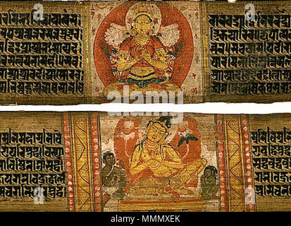 . Englisch: Astasahasrika Prajnaparamita Manuskript. Prajnaparamita und Szenen aus dem Leben des Buddha (oben), Maitreya und Szenen aus dem Leben des Buddha (unten), ca. 1075 Buch/Manuskript; Malerei; Aquarell, Text: mit Tinte geschrieben; Illustrationen: opak Aquarell auf palm leaf. . 11. Jahrhundert. Unbekannter Maler aus dem 11. Jahrhundert. Digitales Bild zur Verfügung gestellt von Mario Gallardo. 60 Astasahasrika Prajnaparamita Sutra Manuskript zwei Blätter Stockfoto