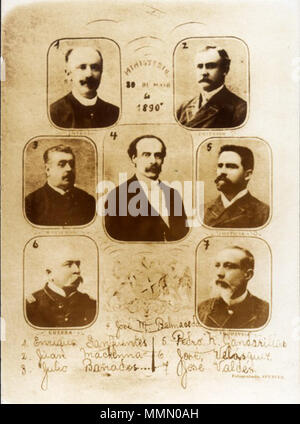 . Español: Retrato del Presidente José Manuel Balmaceda y de los Angemeldet bleiben del Ministerio formado El 20 de Mayo de 1890. 1.- Enrique Salvador Sanfuentes 2.- Juan Mackenna 3.- Julio Espinosa Bañados 4.- José Manuel Balmaceda 5.- Pedro N. Gandarillas 6.- José Velasquez 7.- José Valdes. 1890. Unbekannt 69 Presidente Balmaceda y Ministros Stockfoto