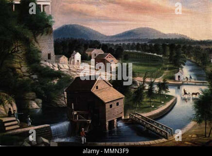 . Ein früher Blick von Huntsville ist in diesem Gemälde von William Frye in den 1850er Jahren mit dem Titel "Die große Feder." Die Malerei bietet die Fearn Canal 1825 erbaute Baumwolle aus den grossen Frühling auf dem Tennessee River zu tragen. Die Aussicht nach Westen umfasst einen Teil der First National Bank sichtbar auf der Bluff an der linken und der Schlitten rider wäre, in Richtung Norden auf, was jetzt die Church Street. William Frye, ein deutscher Einwanderer aus Bayern, war eine beliebte Reisen Portrait Maler im gesamten Süden, nach Anweisung von Huntsville Künstler und Dichter gab, Howard Weeden. . 1850. William P. Stockfoto