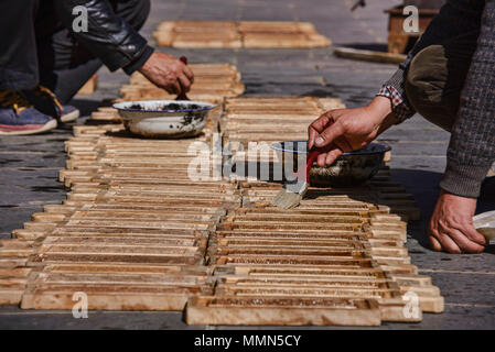 Tibetischen holzschnitten am Heiligen Bakong Schrift Druckmaschine Kloster in Dege, Sichuan, China Stockfoto