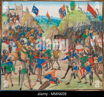 . Von einem illuminierten Handschrift von Jean Froissart Chronik Schlacht von Crécy zwischen Englisch und Französisch im Hundertjährigen Krieg.. 15. Jahrhundert. Schlacht von Crecy froissart Stockfoto