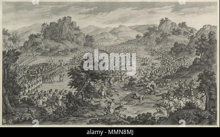 . La Grande Victoire de Qurman Deutsch: "Der Große Sieg bei Qurman' im Jahr 1759 General Fu-Te, mit weniger als 600 Männer, kämpfte und über 5000 Muslime besiegt. Durch Damasceno, 1765; gestochen von St. Aubin, 1770 (8 der 16 Kupferstiche commisionned für Les Conquêtes de L'Empereur de Chine). . 18. Durch Damasceno, von Augustin de Saint Aubin Der Große Sieg bei Qurman" ("La Grande Victoire de Qurman 'engraved gezeichnet) Stockfoto