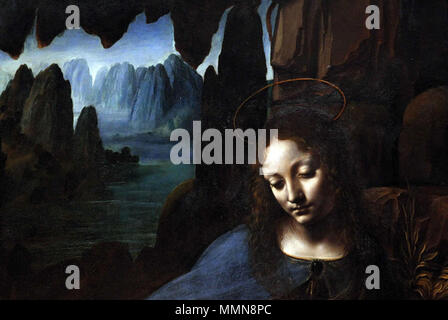 . Englisch: Detail der Jungfrau der Felsen von Leonardo da Vinci), in der National Gallery in London, nach Erhaltung 2010 Madonna in der Felsengrotte. zwischen 1491 und 1508. "Die Jungfrau auf dem Felsen" von Leonardo da Vinci (1491-1508), in der National Gallery in London. Stockfoto