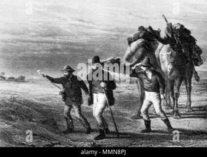 . Deutsch: Die Rückreise. Ölgemälde von Nicholas Chevalier (1868). Englisch: Burke und Wills und König auf dem Weg zurück von der Golf von Carpentaria. . Vor 1868 (15. August 2010 umgebaut). Burke und Wills Nicholas Chevalier.jpg: Kupferstich von Nicholas Chevalier (gestorben 1902) Abgeleitete Arbeit: Saibo (?) 105 Burke und Wills Nicholas Chevalier-2 Stockfoto