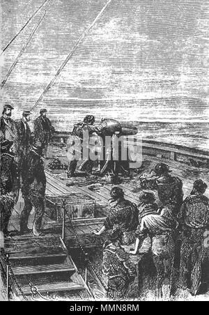 . Englisch: Eine Illustration von Jules Vernes Roman "20 000 Meilen unter dem Meer" (1866-69) gezeichnet von George Roux. Polski: Ilustracja powieści Juliusza Verne' Ein 'Dwadzieścia tysięcy Mil podmorskiej żeglugi' (tytuł przekładany także Jako: "wadzieścia tysięcy Mil podmorskiej żeglugi około świata', '20.000 Mil podmorskiej żeglugi'; 1866-69, ich wyd. 1870) autorstwa Alphonse'a de Neuville lub Édouarda Riou. Français: Jules Verne "Vingt mille lieues Sous les mers" (1866-69), Dessins par Alphonse De Neuville ou Édouard Riou. Diese Datei wurde hochgeladen mit Commonist. Orginal Beschreibung tak Stockfoto