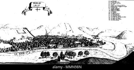 . Français: Teflis (Tiflis) vom Journal de voyage du Chevalier Chardin en Perse et Aux Indes orientales: par la mer Noire et par la Colchide... ([Reprod.]). S. 208 Français: Teflis. 1686. 03 Chardin Tiflis 1671 ein Stockfoto