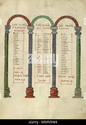 . Englisch: Canon Seite von Carolignian Evangelium ab Lorsch, Deutschland Canon Tabelle Seite. Unbekannt; Lorsch, Deutschland; ca. 826 - 838; Tempera Farben auf Pergament; Blatt: 31,6 x 24 cm (12 5/6 x 9 7/16 in.); Frau Ludwig II 1, fol. 9 11077301 Canon Seite Stockfoto