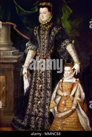 . Englisch: Portrait von Diane d'Andouins und ihre Tochter English: Porträt einer Dame mit Tochter, möglicherweise Diane d'Andouins, Mätresse des französischen Königs Heinrich IV., mit ihrer Tochter Catherine Portrait von Diane d'Andouins und ihrer Tochter. 1565. 1565 DianedAndouins Stockfoto