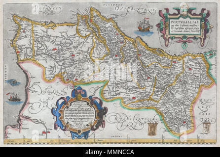 . Englisch: eine seltene und schöne 1579 Abraham Ortelius Karte des Königreichs Portugal. Folgt das extrem seltene zwei Blatt Alavaraz Secco Karte von Michele Tramezzino 1561 veröffentlicht. North auf der rechten Seite ausgerichtet. Meer mit Monstern und segelschiffe eingerichtet. Unten rechts verfügt über zwei Hand gezeichnet heraldische Emblemen, eine ziemlich einzigartige Veränderung auf dieser Karte. Verfügt über zwei aufwendige Kartuschen in der oben rechts und unten links. Oben rechts Kartusche enthält die Karte Titel in Latein, oben übersetzt. Unten links Kartusche gehören die folgenden grob übersetzt Text: Achilles Statius begrüßt Guido Ascaniu Stockfoto