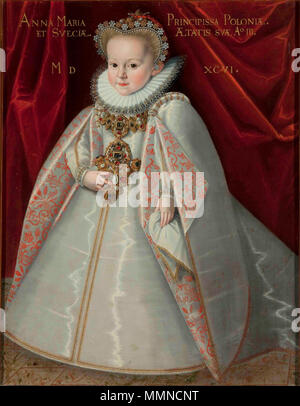 Englisch: Portrait von Anna Maria Vasa (1593-1600), Tochter von König Sigismund III. von Polen. Español: Retrato de Ana María Vasa (1593-1600), hija del rey Segismundo III de Polonia. Polski: Portret Anny Marii Wazówny (1593-1600), córki króla Zygmunta III. 1596. Anna Maria Waza Stockfoto