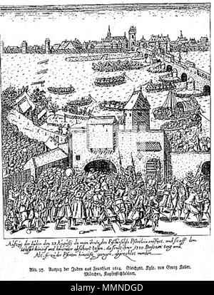 . Englisch: Vertreibung der Juden aus Frankfurt am 23 August, 1614, nach Unruhen in der 'Juden Straße' unter der Leitung von Vinzenz Fettmilch. Laut dem Text", 1380 Personen, Alt und Jung waren am Ausgang des Tor gezählt und auf Schiffe auf dem Main getrieben. Juden wurden in der Wirtschaft reiche Kaufleute der Stadt verbunden, während Fettmilch führte die kleine Handwerker und Händler, die jüdische Präsenz in Frankfurt entgegen. English: Sorg der Juden aus Frankfurt am 23. August 1614 / Dm Fettmilch-Aufstand. Bildtext: "Auszug der Juden den 23. Augusti da mann Beispiele das fischerfelds Pförtlein eröf Stockfoto