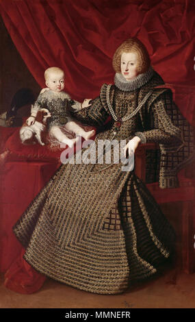 English: Infantin Maria Anna (1606-1646), Kaiserin, in ganzer Figur mit ihrem erstgeborenen Sohn Ferdinand (1633-1654). 1634. Maria Anna von Spanien 001 Stockfoto