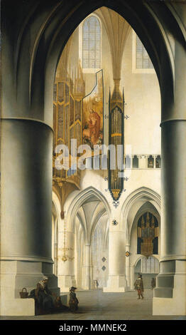 . Innenansicht der Grote Kerk oder St. Bavokerk in Haarlem, vom südlichen Chorumgang durch den Chor auf der nördlichen Ambulante gesehen mit der großen Orgel. Eine Frau mit zwei Kindern sitzen in der linken Spalte. Auf den Auslöser der Orgel ist die Auferstehung Christi bemalt. An einer Wand in der nördlichen Ambulante gibt es eine zweite, kleinere Orgel. Innenansicht der Kirche von St. Bavo in Haarlem. 1636. Pieter Jansz Saenredam - Interieur van de Grote von Sint Bavokerk te Haarlem Stockfoto