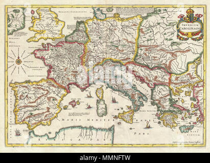 . Englisch: Das ist ein bemerkenswertes Beispiel der 1657 mapping Jan Janssons des Reiches Karls des Großen. Abdeckungen von Spanien bis zum Schwarzen Meer und von Dänemark und Irland nach Nordafrika. Mit reichlich Notationen in Lateinamerika gefüllt. Dekorative Segelschiffe ply das Mittelmeer. Eine dekorative Titel Kartusche erscheint in der oberen rechten Quadranten. Diese bemerkenswerte Karte wurde in Band 6 veröffentlicht, der Orbis Antiquus, von Jan Jansson's Novus Atlas. Imperium Caroli Magni.. 1657 (undatiert). 1657 Jansson Karte des Reiches Karls des Großen - Geographicus - CaroliMagni - jansson-1657 Stockfoto