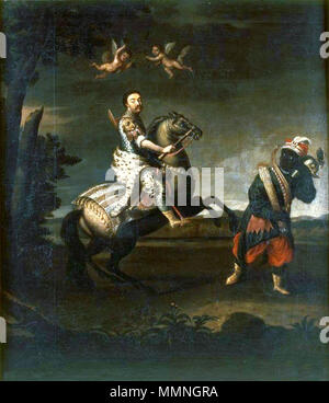 Englisch: Equestrian portrait von Johann III. Sobieski mit einem schwarzen Diener. Polski: Portret konny Jana III Sobieskiego z murzynkiem. 1680s. Johann III. Sobieski mit einem schwarzen Diener Stockfoto