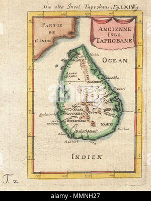 . Englisch: Eine schöne Miniatur 1683 Karte von Ceylon, Sri Lanka, oder taprobane von Alain Holzhammer. Dieses beeindruckende kleine Karte deckt die Insel Ceylon sowie Teile der angrenzenden Indien. Mallet, die zum ersten Mal diese Karte in der 1683 obwohl es mehrere Male in den darauf folgenden 20 Jahren neu aufgelegt wurde. Taprobane ist eine alte Bezeichnung für ein Gewürz reichen Trading Center, die gut in den alten römischen Zeiten bekannt war. Vom 17. Jahrhundert portugiesischen Entdecker hatte die Route nach Indien wieder eröffnet wurden aber unsicher, welche Insel die Römer zu beziehen waren. Einige karte Taprobrane wie Sumatra, andere, wie Ceylon. Th Stockfoto