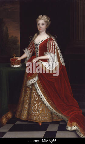 . Dies ist eine Kopie einer Porträt von Caroline von Ansbach von Sir Godfrey Kneller im Jahre 1716 gemacht, jetzt am Buckingham Palace. Caroline Roben tragen von Staat und ruht Ihre Hand auf das Krone als Prinzessin von Wales. Sie würde die Königin im Jahre 1727, nach dem Tod ihres Schwiegervaters, Georg I. Porträt von Caroline von Ansbach (1683-1737). 1716. Caroline Wilhelmina von Brandenburg-Ansbach von Sir Godfrey Kneller, Bt Stockfoto