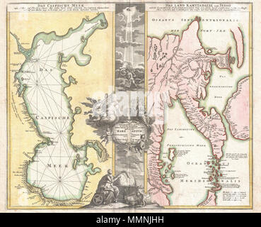 . Englisch: Homann interessantesten und einflussreichsten Karten, diese 1725 Karte das Kaspische Meer und die Halbinsel Kamtschatka zeigt. Im Wesentlichen zwei Karten in einem, Homann hier verbindet zwei entgegengesetzte Teile Asiens: das Kaspische Meer, die Teil der westlichen Grenze von Asien und Europa, und die Halbinsel Kamtschatka, die Östlichste bekannten Punkt des kontinentalen Asiens. Während diese Kombination zu uns heute seltsam erscheinen mag, dem 18 europäische, auf die Werke von Marco Polo aufgezogen und durchdrungen von den Legenden des Reichtums mit dem Orient, es repräsentiert die legendäre Seidenstraße über Asien Stockfoto
