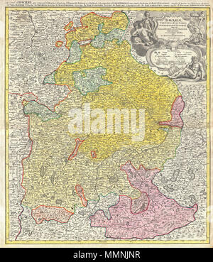 . Englisch: Dies ist eine seltene und attraktive Karte von Bayern, Deutschland. Abdeckungen von Rabiz bis weit südlich von Innsbruck, München, Salzburg, Passau, Bamberg, Nürnberg und Augsburg. Detail umfasst Städte, Festungen, einige topographische Merkmale, und Bezirke. Atemberaubende dekorative Titel Kartusche in der oberen rechten Quadranten mit Soldaten, Putten, Gier Götter und armorial Dekorationen. Zusätzliche Titel, in französischer Sprache, in oberer Rand La cercle de Baviere, qui Seife la Regence d'Amberg vorbereitet… von J.B. Homann und als Platte Nr. 10 in Homann Erben Maior Atlas Scholasticus. Deutsch: Karte vo Stockfoto
