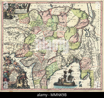 . Englisch: Vertretung des 18. Jahrhunderts Deutschland Kartographie vom Feinsten ist; dies ist eine absolut spektakulären C. 1740 Karte von Nordindien und Teile von Zentralasien - von Matthias Seutter. Zeigt das Ausmaß der mächtigen Mughal Reiches im späten 17. Jahrhundert, diese Karte Details der Subkontinent und Teile von Zentralasien aus Persien und Khandhar ostwärts bis eine moderne Burma und Thailand. Nach Norden erstreckt sich auf Teile von Tibet und Nepal und nach Süden gehören so weit wie der Malabar Küste und den Golf von Thailand. Kartographisch diese Karte ist stark von der Hondius und Mercator's 17 centu basierend Stockfoto