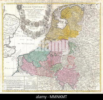 . Englisch: eine wunderbar detaillierte 1747 Homann Erben Karte von Belgien und den Niederlanden (Holland). Beinhaltet Belgilum ordnungsgemäße sowie die sieben Mitgliedstaaten der belgischen Föderation - Was ist heute Holland oder den Niederlanden. Auch Teile von England und erstreckt sich in Ostdeutschland über den Rhein. Titel aufwendige Kartusche in der oberen linken Quadranten, die Befüllung der Nordsee, verfügt über das Wappen Schilde der Belgischen Grafschaften sowie der sieben Staaten der Föderation: Pürgen, Holland, Zeeland, Utrecht, Friesland, Ober Issel, und Groningen. Alternative Titel in Französisch outsi Stockfoto