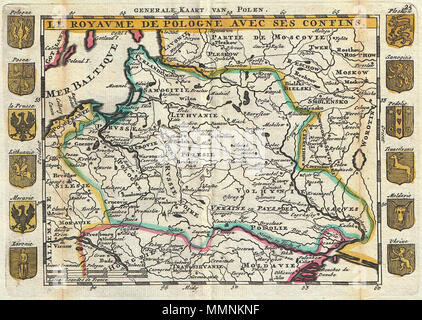 . Englisch: Eine atemberaubende Karte von Polen erstmals von Daniel de La Feuille 1706 gezeichnet. Deckt das gesamte Gebiet von Polen sowie Teile von Lettland, Preußen, Ungarn, Siebenbürgen, Moldau und Russland. Auf beiden Seiten von den zwölf Wappen Wappen von Polen und seine unmittelbaren Nachbarn flankiert. Titel erscheint oben in der Mitte sowohl in Französisch und Niederländisch. Dies ist Paul de La Feuille von 1747 Reissue der 1706Karte seines Vaters Daniel. Für die Frage, wie die Platte Nr. vorbereitet 31 J. Ratelband's 1747 Geographisch-Toneel. Le Royaume De Pologne avec ses Confins. - Generale Kaart van Polen.. 1747 (undatiert). 1747 La F Stockfoto