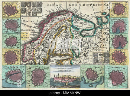 . Englisch: Eine atemberaubende Karte von Skandinavien erste von Daniel de La Feuille 1706 gezeichnet. Deckt alle von Norwegen, Schweden und Finnland zusammen mit Teilen des heutigen Lettland, Estland und Russland. Von 12 overhead Pläne von wichtigen skandinavischen Städten umgeben. Von oben links: Caianelbourg, namenlose, namenlose, Riga, Nerva, namenlos, Pernaw, Wiborg, Notteborg, namenlose, Calmar und Lunden. Unten in der Mitte gibt es eine attraktive Aussicht auf Stockholm. Oberen linken Quadranten verfügt über einen kleinen Titel Kartusche mit dem Titel in der französischen Sprache sieben Wappen Wappen umgeben. Fünf weitere Wappen Wappen erscheinen im unteren Stockfoto