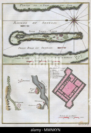 . Englisch: Dieses beeindruckende 1747 Seekarte von Französischen mapmaker J. C. Bellin, der Ältere stellt die Senegal Fluss und die Umgebung von Fort St. Joseph & Fort St. Louis. Diese Region war Teil des Senegambia und den Unternehmen der Indies Senegal Konzession. Es war von diesem Hafen, dass das französische Unternehmen Hunderte von afrikanischen Sklaven in seinen Kolonien in Louisiana ausgeliefert. Heute ist der Senegal Fluss bildet die Grenze zwischen Senegal und Mauretanien. Diese schöne Karte zeigt einzelne Gebäude, Bäume, und selbst kleine Dörfer. Es ist eine detaillierte Planung von Fort St. Joseph. Riviere du Senegal Stockfoto