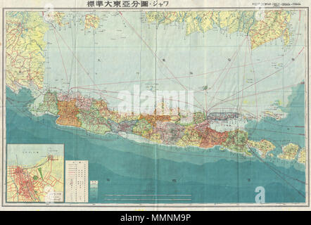 . Englisch: Eine atemberaubende großformatige Japanische Karte von Java dating zum Zweiten Weltkrieg. Deckt die Gesamtheit der Insel mit einem großen Einsatz von Jakarta (Jakarta) in der unteren linken Quadranten. Bietet herausragende Details sowohl in Bezug auf die topographische und politische Elemente. Hinweise Städte, Straßen, Handelswege auf Luft, Meer und Land, und verwendet die Schattierung ozeanischen Tiefen anzuzeigen. Maßstab 1:200.000. Alle Texte in Japanisch. Während die Alliierten den Zweiten Weltkrieg Karten dieser Region sind relativ häufig, dass es extrem selten ist über ihren japanischen Kollegen zu kommen. Diese Karte wurde als Karte Nr. erstellt 11 von 20 Karte Serie detaili Stockfoto